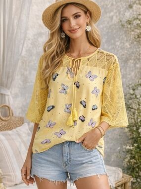 Misslook Yellow Butterfly Blouse Lace Sleeve Tassel Tie Boho Top Women Size S.